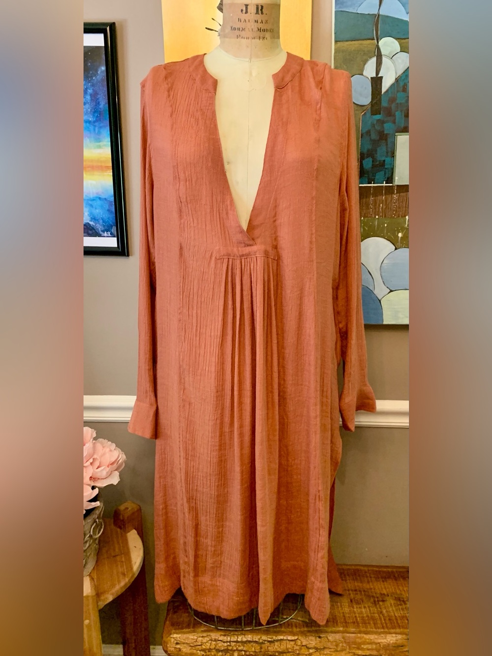 Boho Terracotta Cotton Gauze V-Neck Maxi Tunic Dress Long Sleeve Flowy